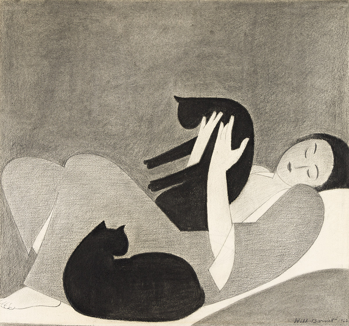 WILL BARNET Woman and Cats.